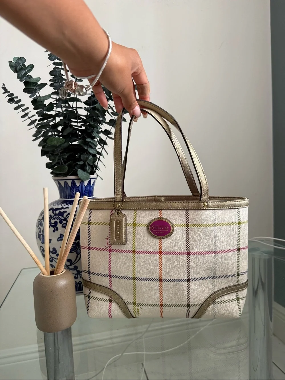Coach White Plaid Tote with Multicolor Accents and Gold Trim